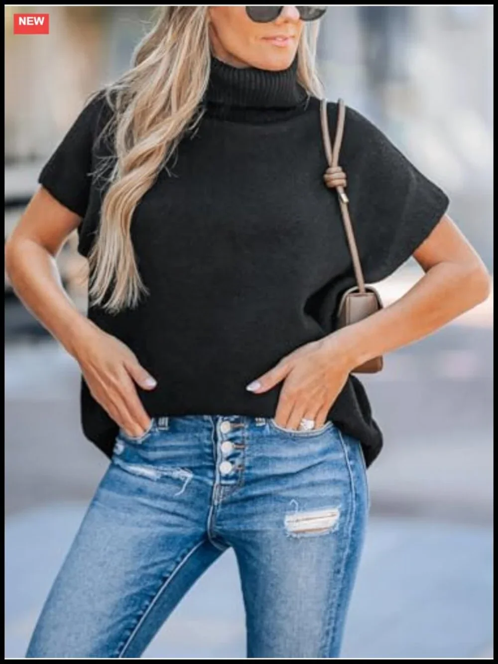 Women's Casual Fit Turtleneck Pullover Sweater Cap Sleeve Ribbed Hem Knit Top